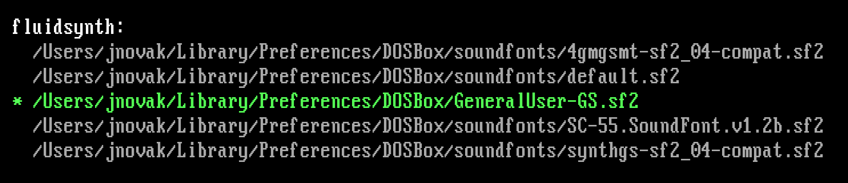 MIXER /LISTMIDI showing the list of available SoundFonts