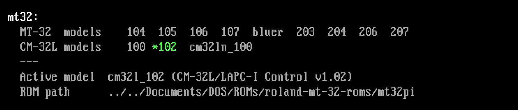 DOSBox Staging mixer showing the active MT-32 model